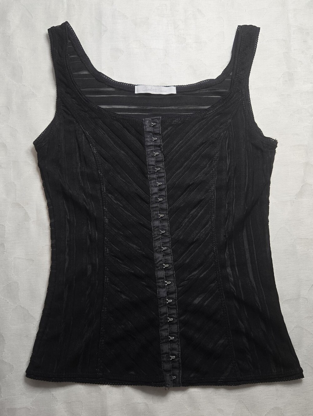 Vintage 90s Y2K Charlotte Russe Black Mesh Striped Corset Hook & Eye Clubbing MD
